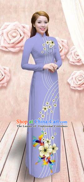 Traditional Top Grade Asian Vietnamese Costumes Dance Dress, Vietnam National Female Handmade Queen Printing Purple Chiffon Ao Dai Dress Cheongsam Clothing for Women