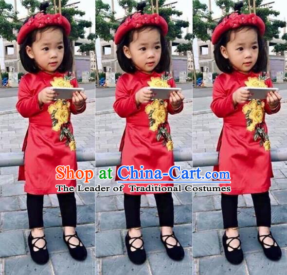 Traditional Top Grade Asian Vietnamese Costumes Dance Dress, Vietnam National Children Ao Dai Dress Embroidered Red Cheongsam Clothing for Girls