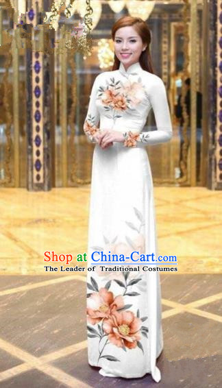 Traditional Top Grade Asian Vietnamese Costumes Dance Dress, Vietnam National Female Handmade Printing Orange Flowers Ao Dai Dress Cheongsam Clothing for Women