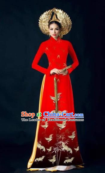 Traditional Top Grade Asian Vietnamese Costumes Dance Dress and Pants Complete Set, Vietnam National Women Ao Dai Dress Crane Painting Red Cheongsam Clothing