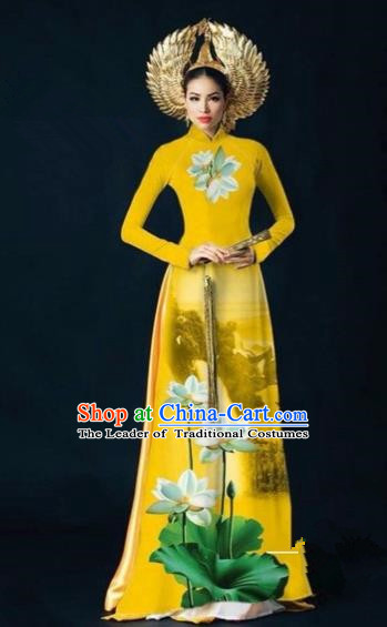 Traditional Top Grade Asian Vietnamese Costumes Dance Dress, Vietnam National Women Ao Dai Dress Ink Painting Lotus Yellow Cheongsam Clothing