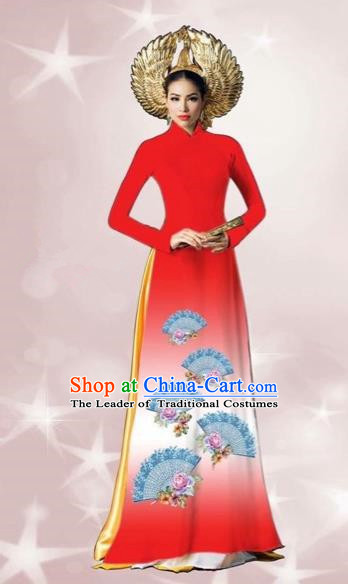 Traditional Top Grade Asian Vietnamese Costumes Dance Dress, Vietnam National Women Ao Dai Dress Printing Red Cheongsam Clothing