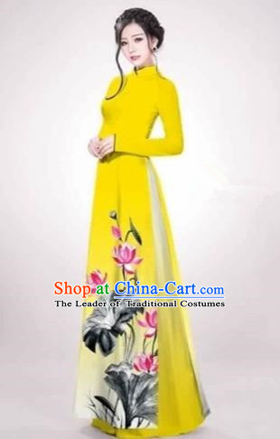 Traditional Top Grade Asian Vietnamese Costumes Dance Dress, Vietnam National Female Handmade Printing Lotus Flowers Yellow Ao Dai Dress Cheongsam Clothing for Women