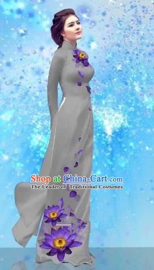 Traditional Top Grade Asian Vietnamese Costumes Dance Dress and Pants, Vietnam National Female Handmade Printing Grey Ao Dai Dress Cheongsam Clothing for Women