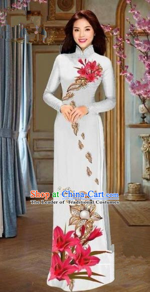 Traditional Top Grade Asian Vietnamese Costumes Dance Dress and Pants, Vietnam National Female Handmade Printing Red Flowers Ao Dai Dress Cheongsam Clothing for Women