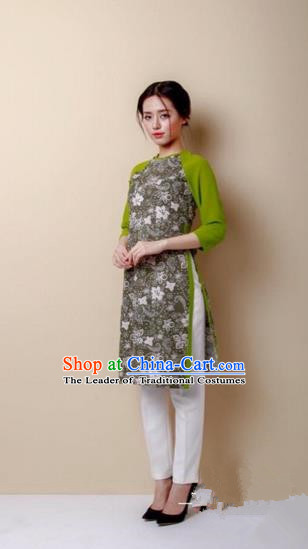 Traditional Top Grade Asian Vietnamese Costumes Dance Dress, Vietnam National Female Handmade Green Ao Dai Dress Cheongsam Clothing for Women