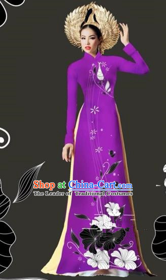 Traditional Top Grade Asian Vietnamese Costumes Dance Dress and Loose Pants, Vietnam National Female Handmade Printing Purple Ao Dai Dress Cheongsam Clothing for Women