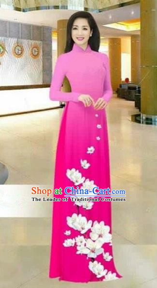 Traditional Top Grade Asian Vietnamese Costumes Dance Dress, Vietnam National Female Printing Flowers Rose Ao Dai Dress Stand Collar Cheongsam Clothing for Women