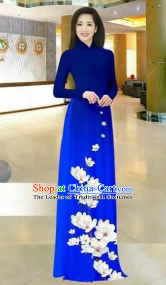 Traditional Top Grade Asian Vietnamese Costumes Dance Dress, Vietnam National Female Printing Flowers Royalblue Ao Dai Dress Stand Collar Cheongsam Clothing for Women