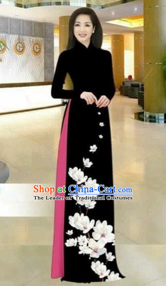 Traditional Top Grade Asian Vietnamese Costumes Dance Dress, Vietnam National Female Printing Flowers Black Ao Dai Dress Stand Collar Cheongsam Clothing for Women