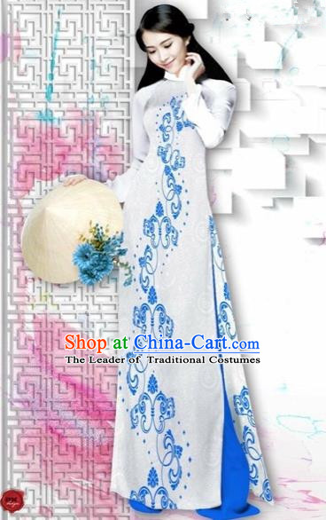 Traditional Top Grade Asian Vietnamese Costumes Dance Dress, Vietnam National Female Painting Blue Flower Ao Dai Dress Cheongsam Clothing for Women