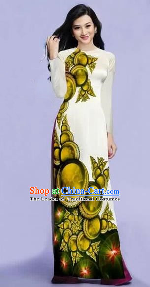 Traditional Top Grade Asian Vietnamese Costumes Dance Dress, Vietnam National Female Olive Green Printing Ao Dai Dress Cheongsam Clothing for Women