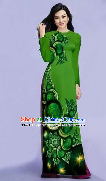 Traditional Top Grade Asian Vietnamese Costumes Dance Dress, Vietnam National Female Printing Green Ao Dai Dress Cheongsam Clothing for Women