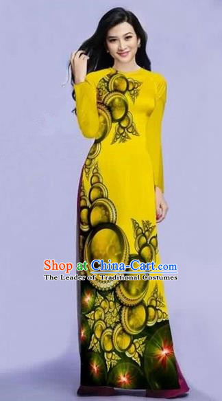 Traditional Top Grade Asian Vietnamese Costumes Dance Dress, Vietnam National Female Printing Yellow Ao Dai Dress Cheongsam Clothing for Women