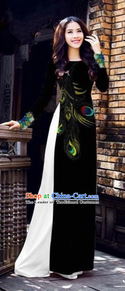 Traditional Top Grade Asian Vietnamese Costumes Dance Dress, Vietnam National Female Printing Feather Black Ao Dai Dress Cheongsam Clothing for Women