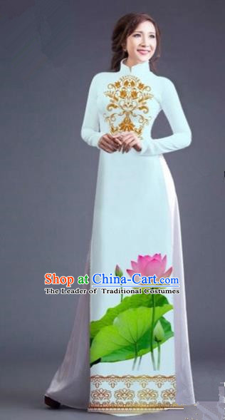 Traditional Top Grade Asian Vietnamese Costumes Dance Dress, Vietnam National Female Printing Lotus Flowers White Ao Dai Dress Cheongsam Clothing for Women