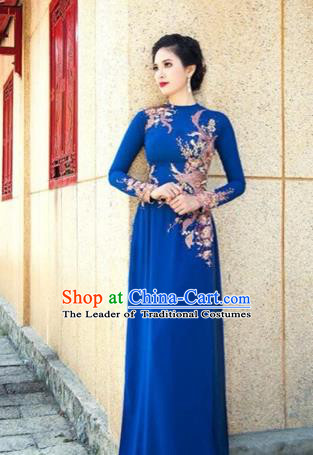 Traditional Top Grade Asian Vietnamese Costumes Dance Dress, Vietnam National Female Embroidering Flower Beads Ao Dai Dress Cheongsam Clothing for Women