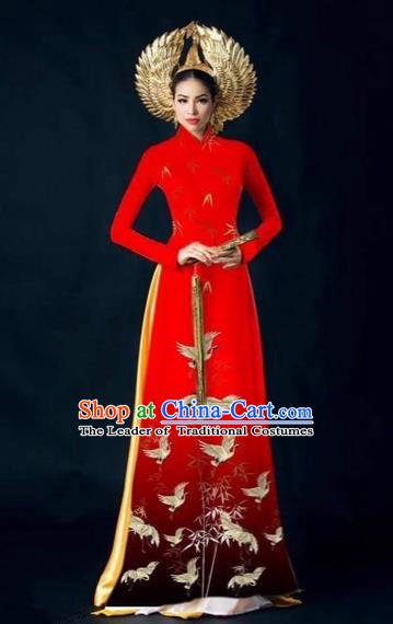 Traditional Top Grade Asian Vietnamese Costumes Dance Dress, Vietnam National Women Ao Dai Dress Printing Red Cheongsam Clothing