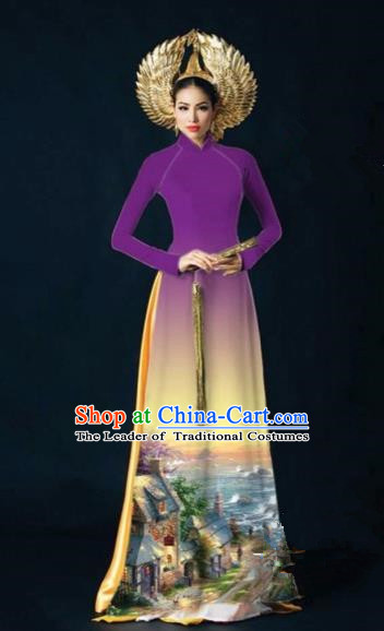 Traditional Top Grade Asian Vietnamese Costumes Dance Dress, Vietnam National Women Ao Dai Dress Printing View Purple Cheongsam Clothing