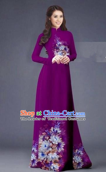 Traditional Top Grade Asian Vietnamese Costumes Dance Dress, Vietnam National Women Ao Dai Dress Printing Flowers Long Wine Red Cheongsam Clothing