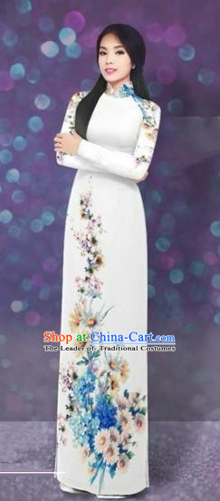 Traditional Top Grade Asian Vietnamese Costumes Dance Dress, Vietnam National Women Ao Dai Dress Printing Daisy Blue Flowers Long White Cheongsam Clothing