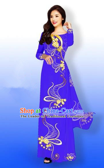 Traditional Top Grade Asian Vietnamese Costumes Dance Dress and Loose Pants, Vietnam National Women Ao Dai Dress Printing Long Blue Purple Cheongsam Clothing Complete Set