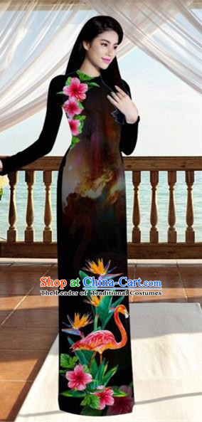 Traditional Top Grade Asian Vietnamese Costumes, Vietnam National Ao Dai Dress Printing Flowers Crane Black Qipao for Women