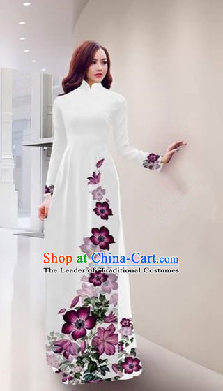 Traditional Top Grade Asian Vietnamese Costumes Handmade Printing White Full Dress, Vietnam National Ao Dai Dress Qipao for Women