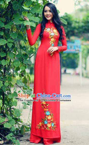 Traditional Top Grade Asian Vietnamese Costumes Handmade Embroidery Red Pleuche Full Dress, Vietnam National Ao Dai Dress Qipao for Women