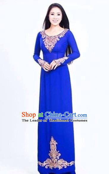 Traditional Top Grade Asian Vietnamese Costumes Classical Handmade Royalblue Full Dress and Pants, Vietnam National Ao Dai Dress Etiquette Qipao for Women