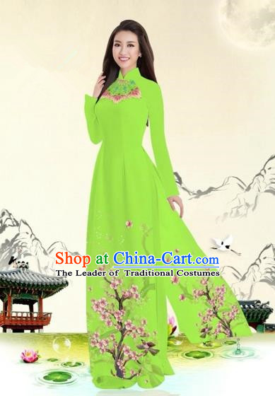 Traditional Top Grade Asian Vietnamese Costumes Classical Plum Blossom Pattern Full Dress, Vietnam National Ao Dai Dress Viridis Etiquette Qipao for Women