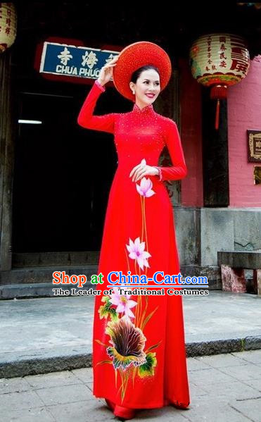 Traditional Top Grade Asian Vietnamese Costumes Classical Wedding Red Full Dress, Vietnam National Ao Dai Dress Bride Qipao for Women