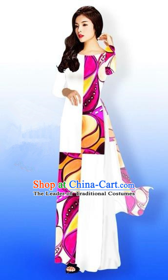 Traditional Top Grade Asian Vietnamese Costumes Classical Printing Full Dress, Vietnam National Ao Dai Dress Bride White Qipao for Women