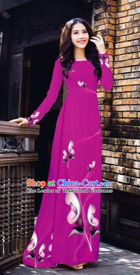 Traditional Top Grade Asian Vietnamese Costumes Classical Printing Flowers Pattern Full Dress, Vietnam National Ao Dai Dress Amaranth Etiquette Qipao for Women