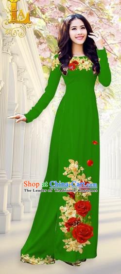 Traditional Top Grade Asian Vietnamese Costumes, Vietnam National Ao Dai Dress Printing Flowers Green Qipao for Women