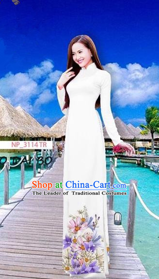 Traditional Top Grade Asian Vietnamese Costumes Full Dress, Vietnam National Ao Dai Dress Printing Flowers White Stand Collar Qipao for Women