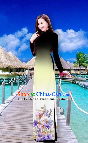 Traditional Top Grade Asian Vietnamese Costumes Full Dress, Vietnam National Ao Dai Dress Printing Flowers Green Stand Collar Qipao for Women