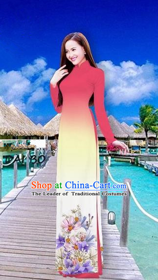 Traditional Top Grade Asian Vietnamese Costumes Full Dress, Vietnam National Ao Dai Dress Printing Flowers Watermelon Red Stand Collar Qipao for Women