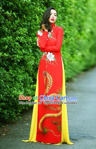 Traditional Top Grade Asian Vietnamese Costumes Classical Printing Wedding Full Dress, Vietnam National Ao Dai Dress Chinese Zodiac Snake Red Qipao for Women