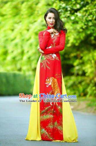 Traditional Top Grade Asian Vietnamese Costumes Classical Printing Wedding Full Dress, Vietnam National Ao Dai Dress Chinese Zodiac Tiger Red Qipao for Women