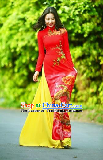 Traditional Top Grade Asian Vietnamese Costumes Classical Printing Wedding Full Dress, Vietnam National Ao Dai Dress Chinese Zodiac Dragon Red Qipao for Women