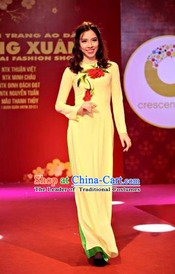 Traditional Top Grade Asian Vietnamese Costumes Classical Hand Printing Wedding Full Dress, Vietnam National Ao Dai Dress Yellow Qipao for Women