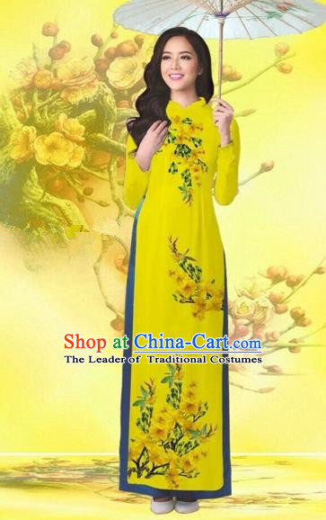 Traditional Top Grade Asian Vietnamese Costumes Classical Printing Flowers Wedding Yellow Full Dress, Vietnam National Ao Dai Dress Catwalks Bride Qipao for Women