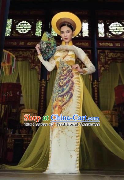 Traditional Top Grade Asian Vietnamese Costumes Classical Printing Peacock Full Dress, Vietnam National Ao Dai Dress Catwalks Princess Ginger Qipao for Women