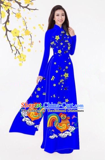 Traditional Top Grade Asian Vietnamese Costumes Classical Printing Royalblue Full Dress, Vietnam National Ao Dai Dress Catwalks Debutante Qipao for Women