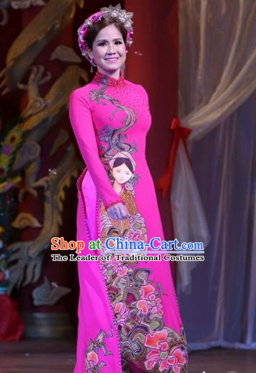 Traditional Top Grade Asian Vietnamese Costumes Classical Printing Wedding Full Dress, Vietnam National Ao Dai Dress Bride Rosy Stand Collar Qipao for Women