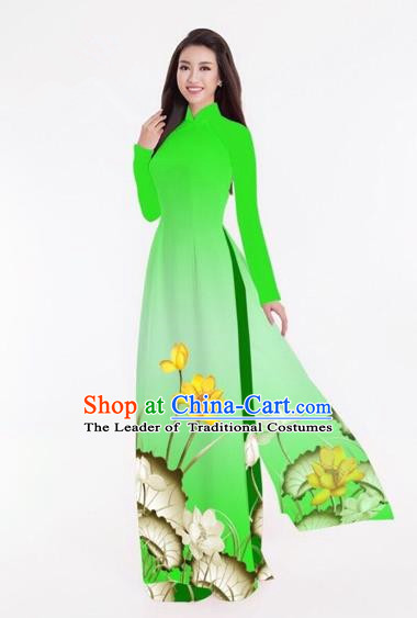 Traditional Top Grade Asian Vietnamese Costumes Classical Printing Lotus Full Dress, Vietnam National Ao Dai Dress Catwalks Green Qipao for Women