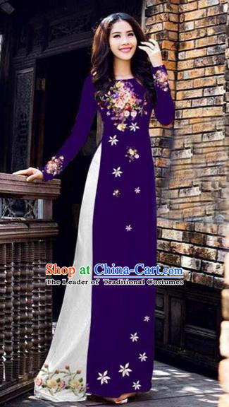 Traditional Top Grade Asian Vietnamese Costumes Classical Printing Peony Pattern Full Dress, Vietnam National Ao Dai Dress Catwalks Deep Purple Qipao for Women