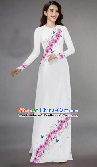 Traditional Top Grade Asian Vietnamese Costumes Classical Printing Full Dress, Vietnam National Ao Dai Dress Catwalks White Qipao for Women