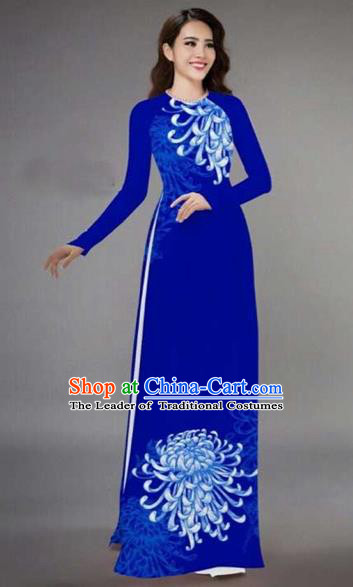 Traditional Top Grade Asian Vietnamese Costumes Classical Printing Chrysanthemum Full Dress, Vietnam National Ao Dai Dress Catwalks Blue Qipao for Women